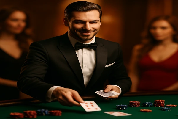 একজন নারী ল্যাপটপ সামনে রেখে অনলাইন গেম উপভোগ করছেন, চারপাশে আলোকিত ক্যাসিনো পরিবেশ জাগে উঠেছে