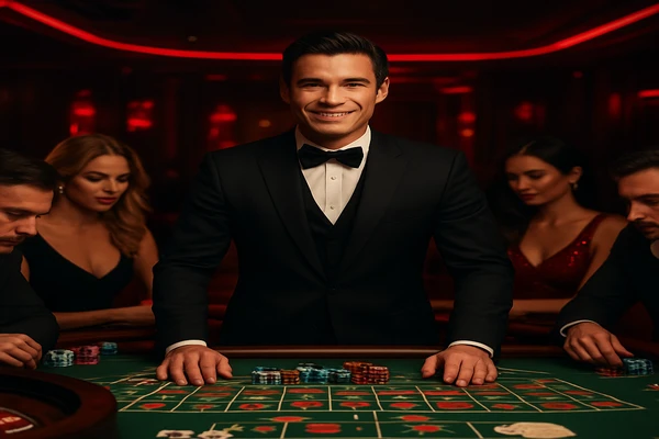 একজন পুরুষ অনলাইন গেমে জয়লাভের আনন্দ উদযাপন করছেন, চারপাশে গেমিং প্রতীকগুলো ভাসছে