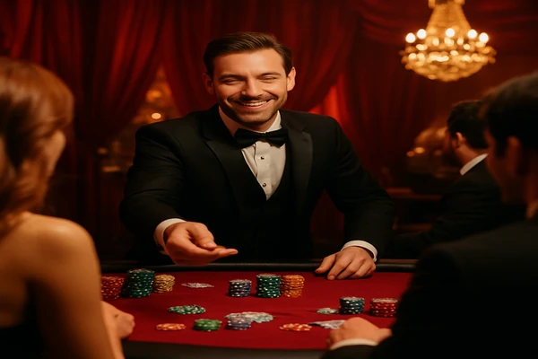 আলোঝলমলে গেমিং পরিবেশে একজন আত্মবিশ্বাসী ডিলার bd111 অ্যাকাউন্টে নিরাপদ প্রবেশের জন্য ব্যবহারকারীদের আমন্ত্রণ জানাচ্ছেন।